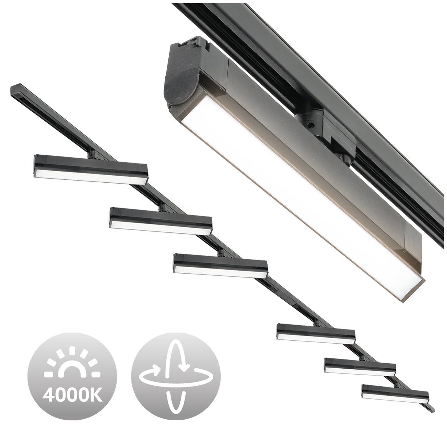 Zestaw Szynowy 3 fazowy 2x szyna 2m + łącznik prosty + 6x lamp FLEX 36W + zasilanie + zaślepka CZARNY - LAITICA