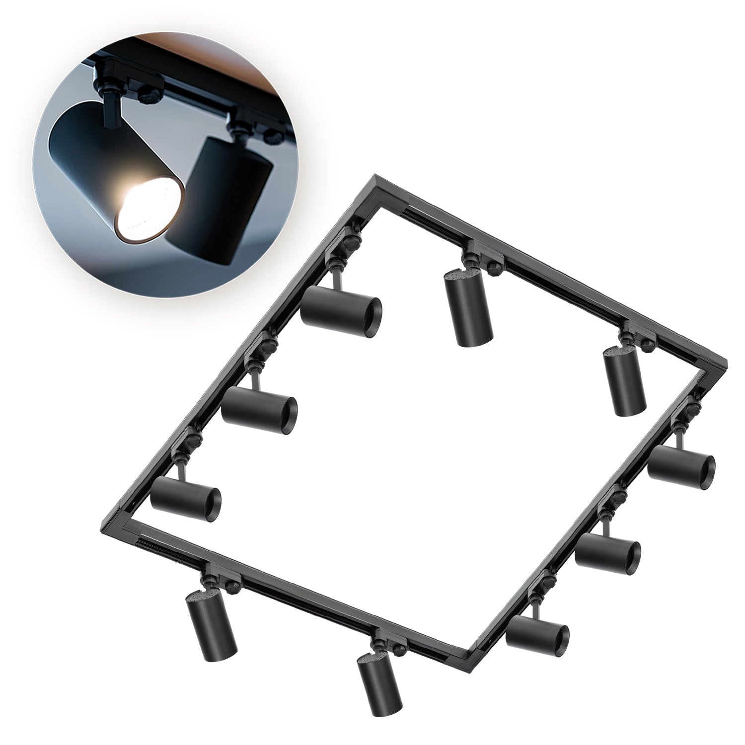 Zestaw Szynowy 3 Fazowy 4x szyna 1m, 4x Łącznik L, 10x Lampa GU10 CZARNY - LAITICA