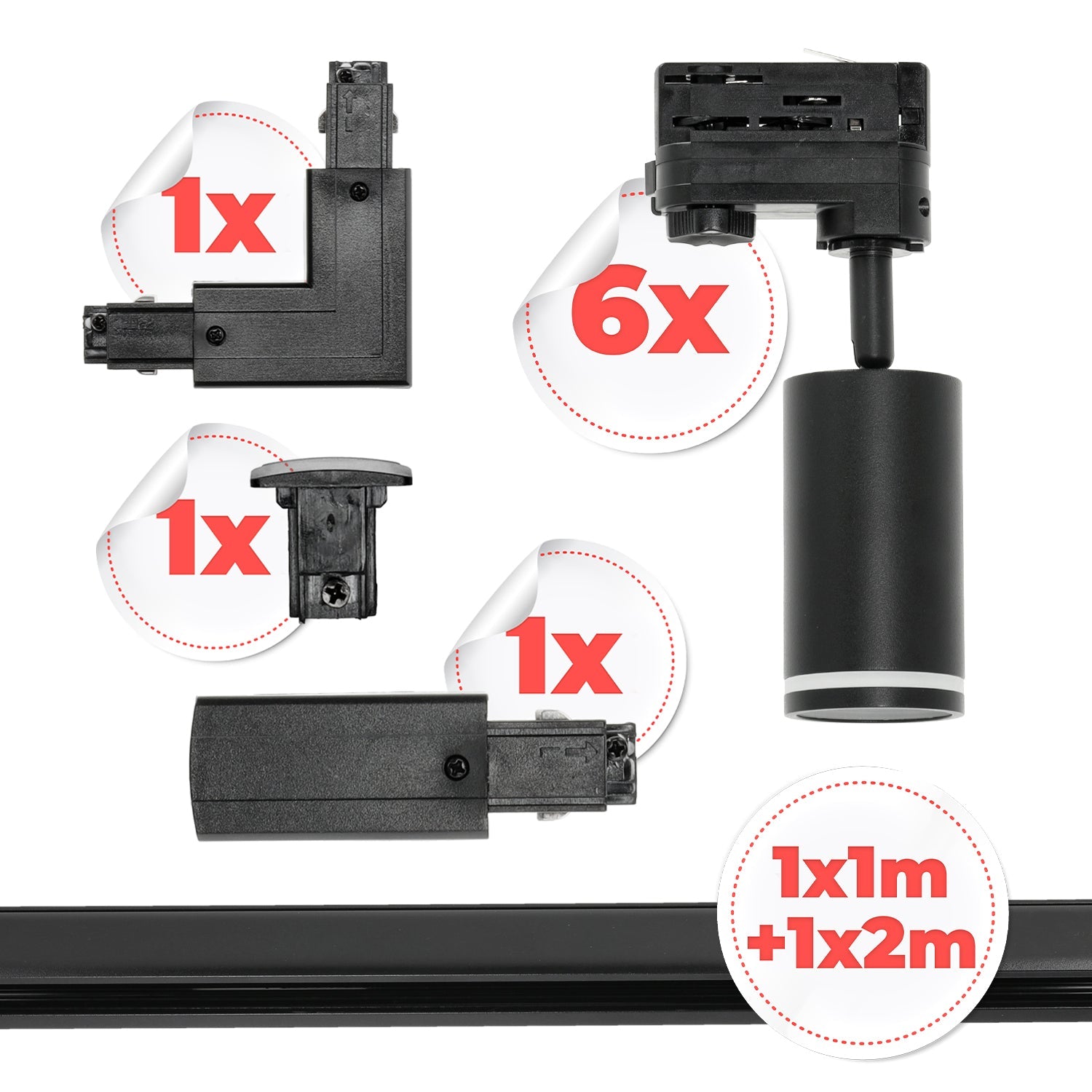 Zestaw Szynowy 3 FAZOWY 6x Lampa na GU10 + Szyna 1m+2m + Łącznik L CZARNY - LAITICA