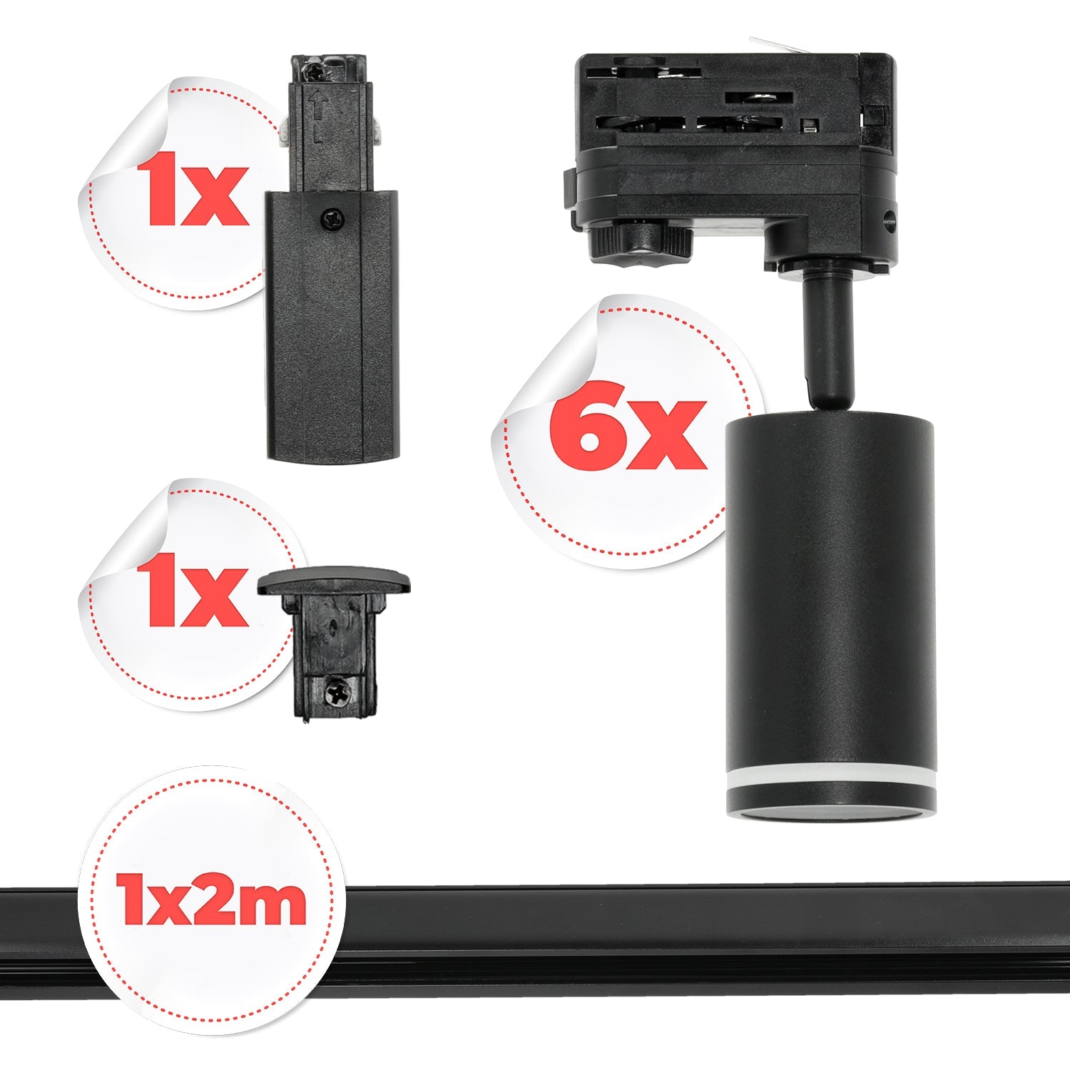 Zestaw Szynowy 3 FAZOWY 6x Lampa na GU10 + Szyna 2m Komplet CZARNY - LAITICA