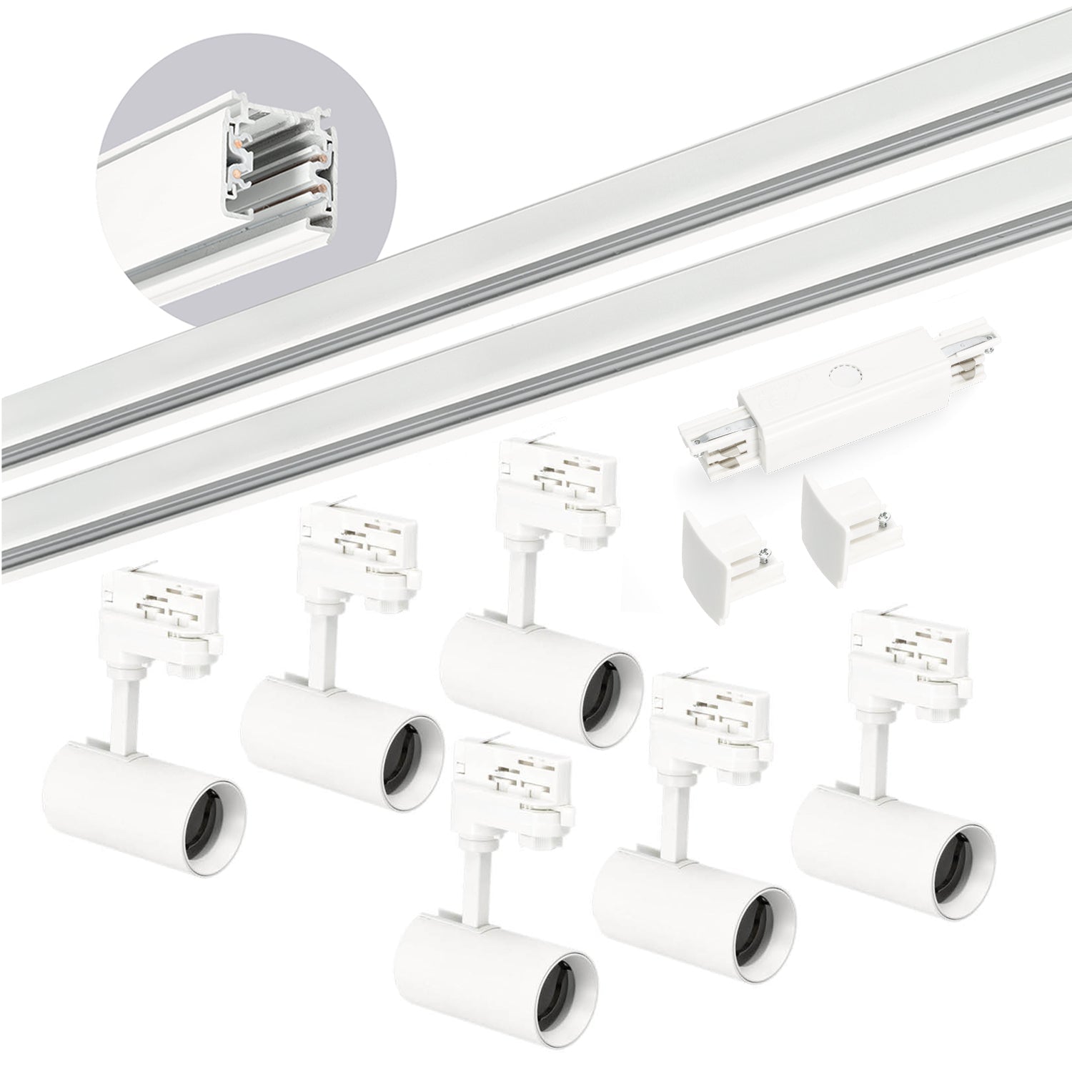 Zestaw szynowy 3 fazowy szyna 1m+1m, I zew., 6x Lampa, 2x zaślepka BIAŁY - LAITICA