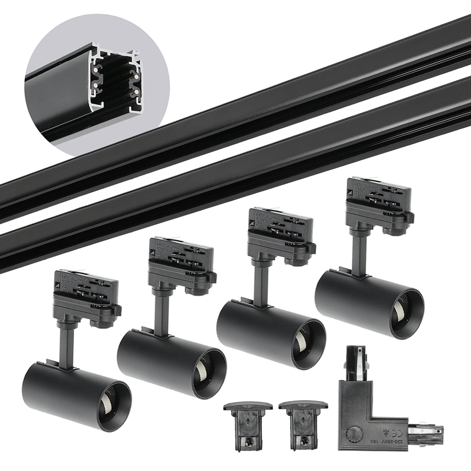 Zestaw szynowy 3 fazowy szyna 1m+1m, L prawy, 4x Lampa, 2x zaślepka CZARNY - LAITICA