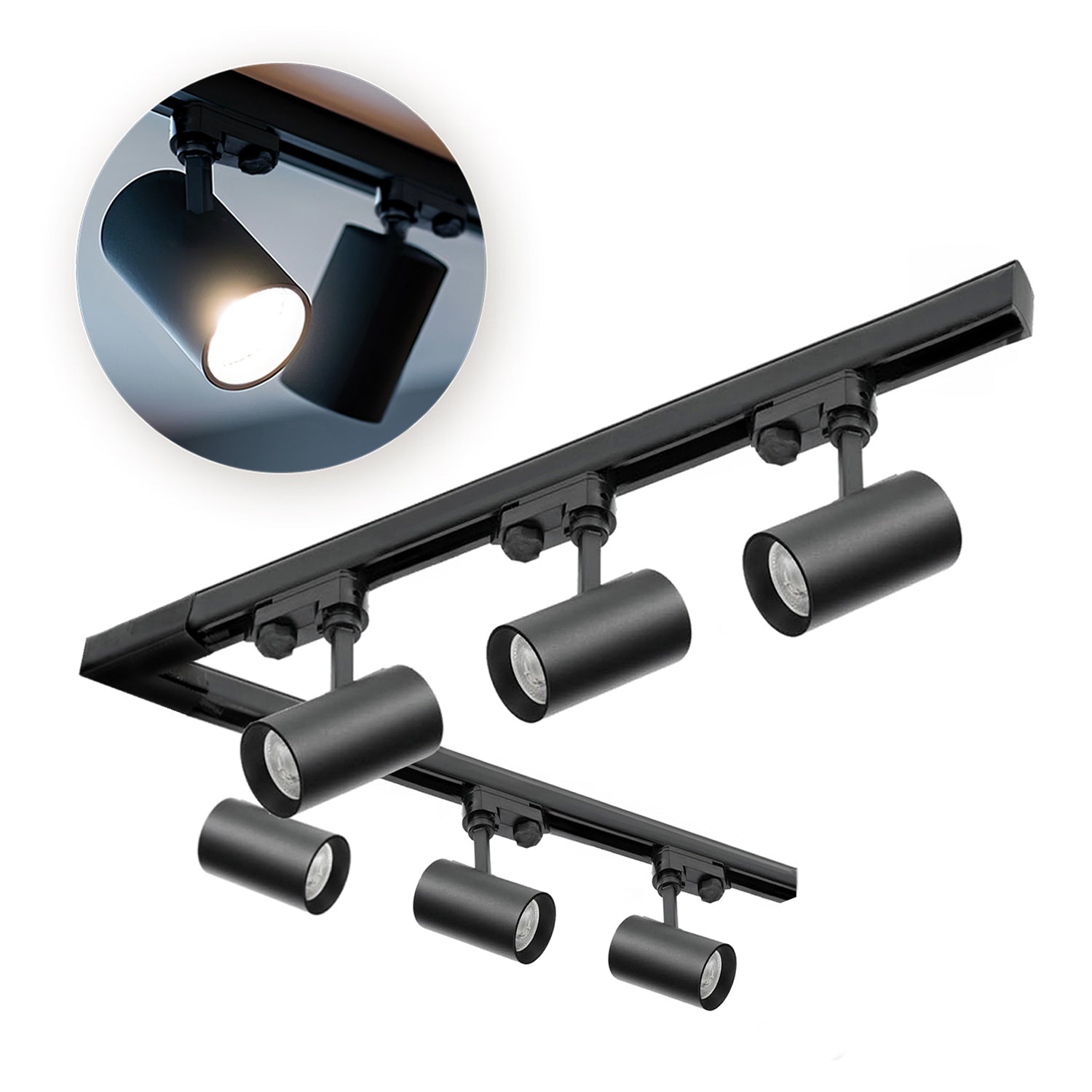 Zestaw szynowy 3 fazowy szyna 1m+1m, L prawy, 6x Lampa, 2x zaślepka CZARNY - LAITICA