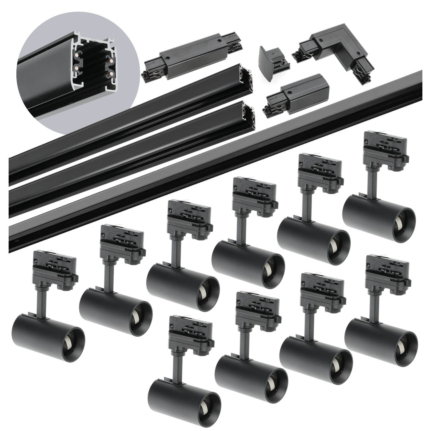 Zestaw szynowy 3 fazowy szyna 1m+1m+2m, 10x Lampa, łącznik I + L CZARNY - LAITICA