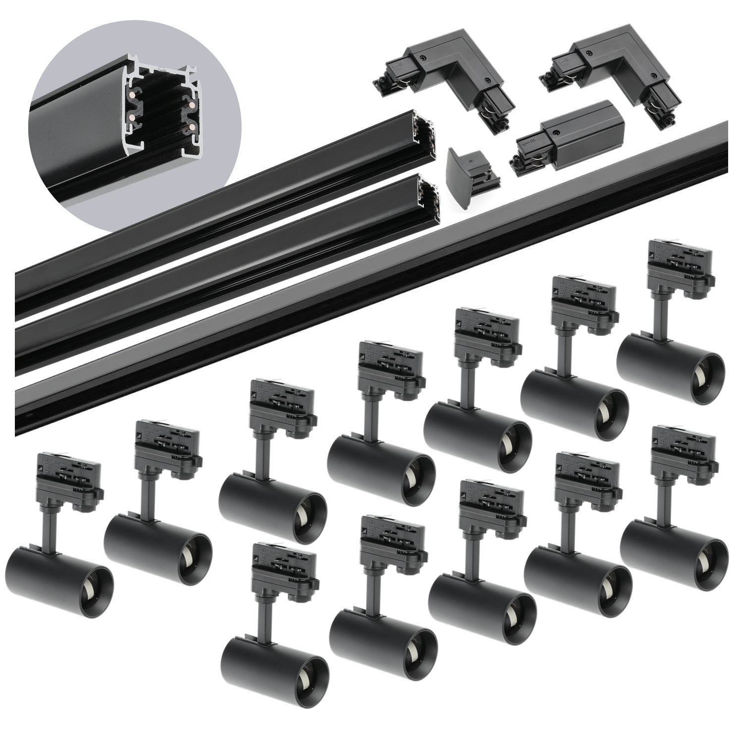 Zestaw szynowy 3 fazowy szyna 1m+1m+2m, 12x Lampa, łącznik L CZARNY komplet - LAITICA