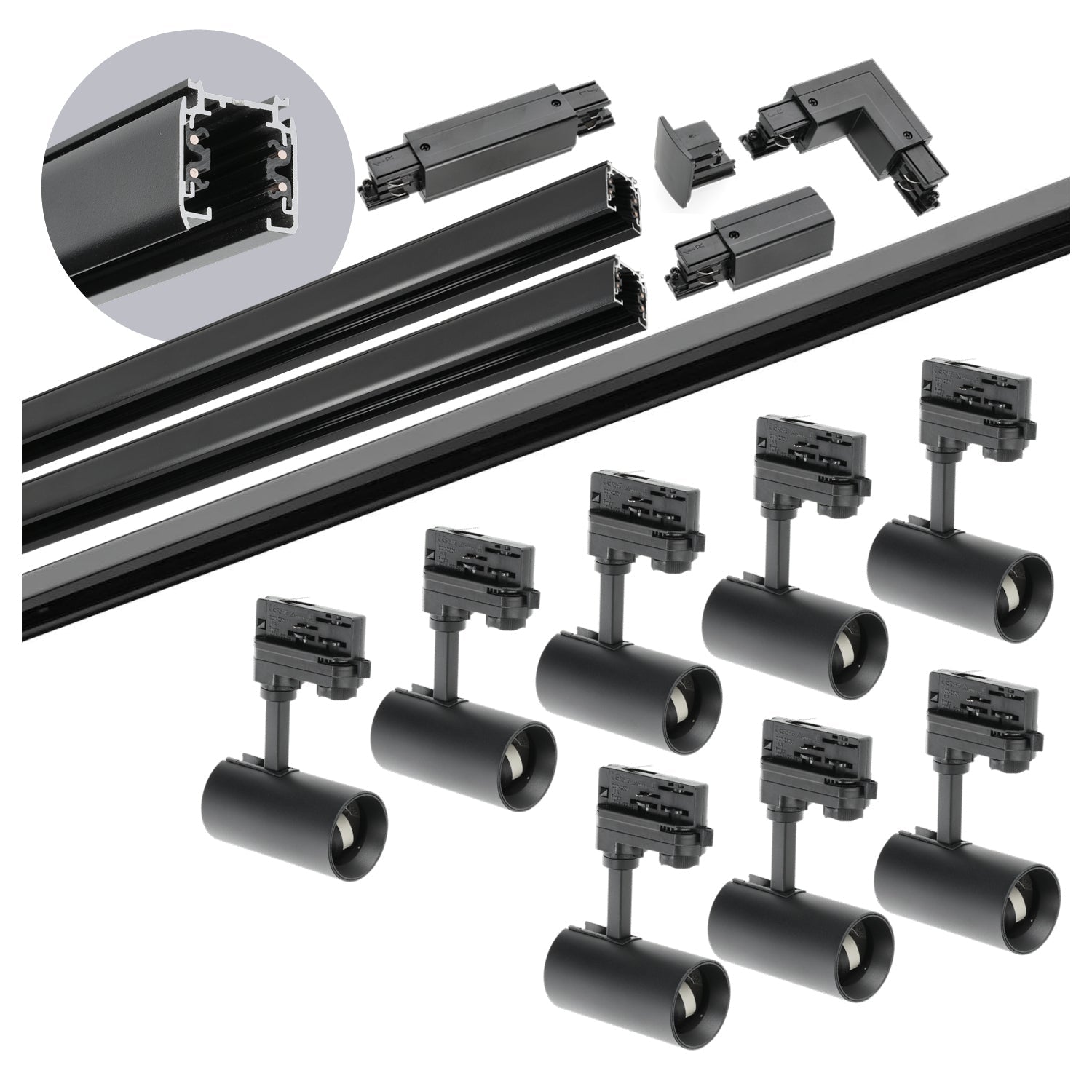 Zestaw szynowy 3 fazowy szyna 1m+1m+2m, 8x Lampa, łącznik I + L CZARNY - LAITICA