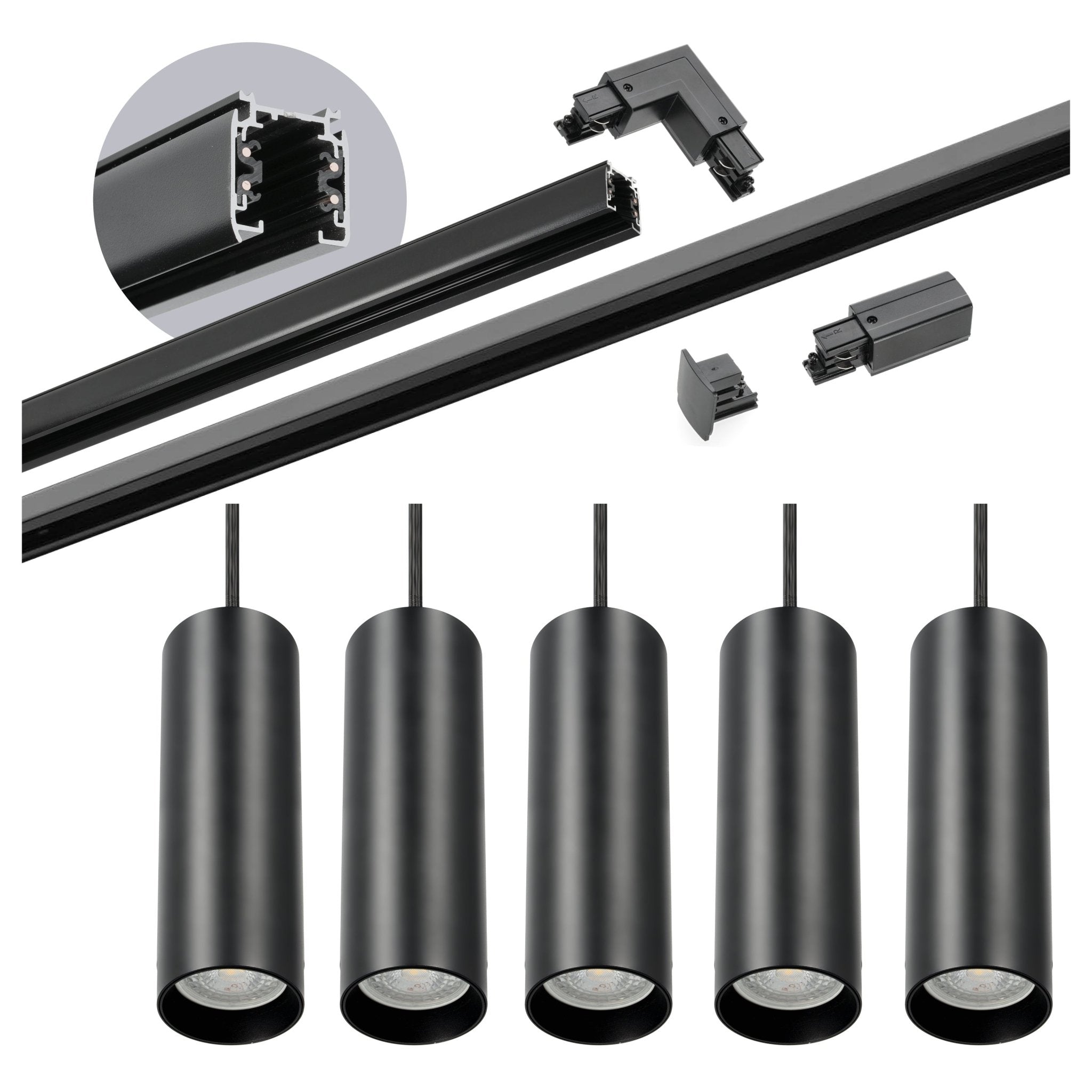Zestaw szynowy 3 fazowy szyna 1m+2m, 5x Lampa wisząca, łącznik L CZARNY - LAITICA