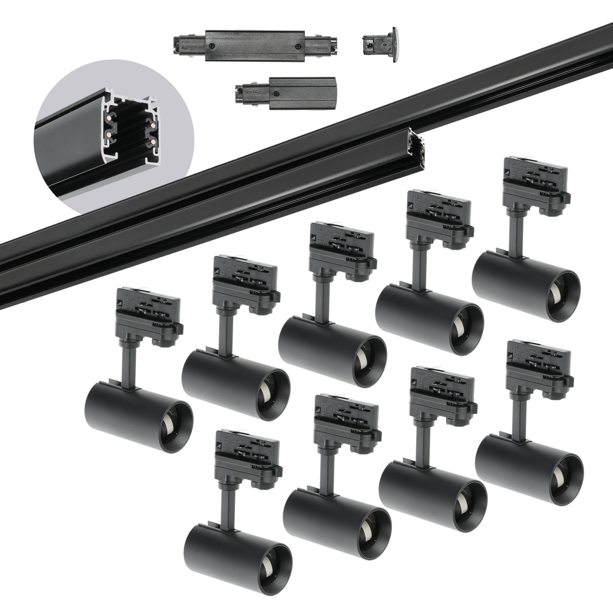 Zestaw szynowy 3 fazowy szyna 1m+2m, 9x Lampa, łącznik prosty CZARNY - LAITICA