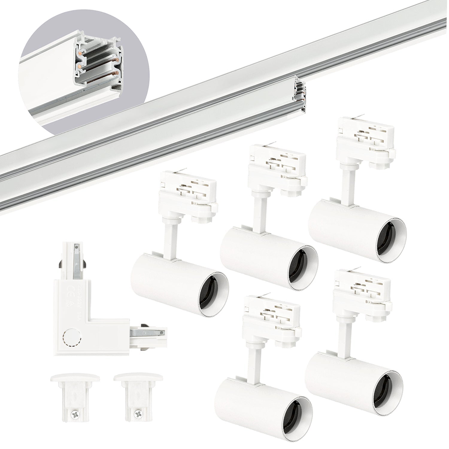 Zestaw szynowy 3 fazowy szyna 1m+2m, L prawy, 5x Lampa, 2x zaślepka BIAŁY - LAITICA