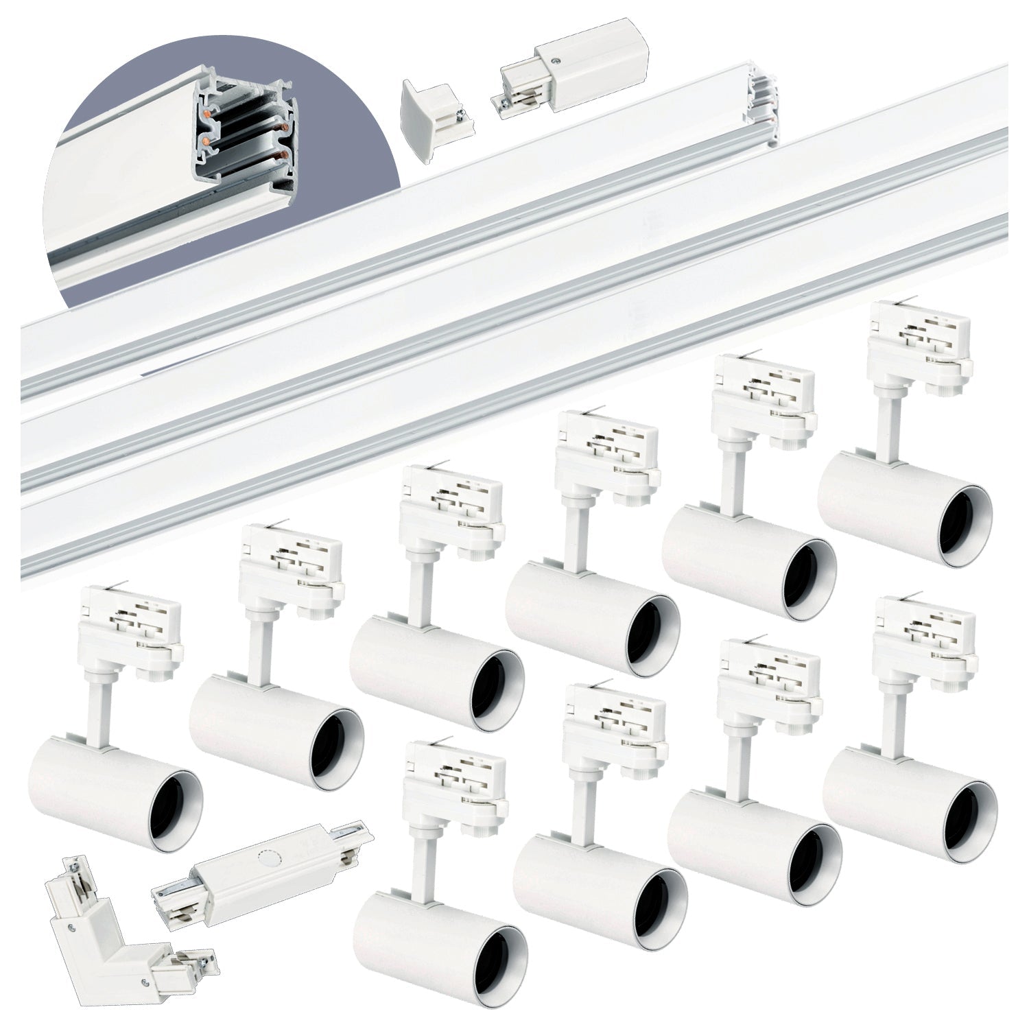 Zestaw szynowy 3 fazowy szyna 1m+2m+2m, 10x Lampa, łącznik I + L BIAŁY - LAITICA