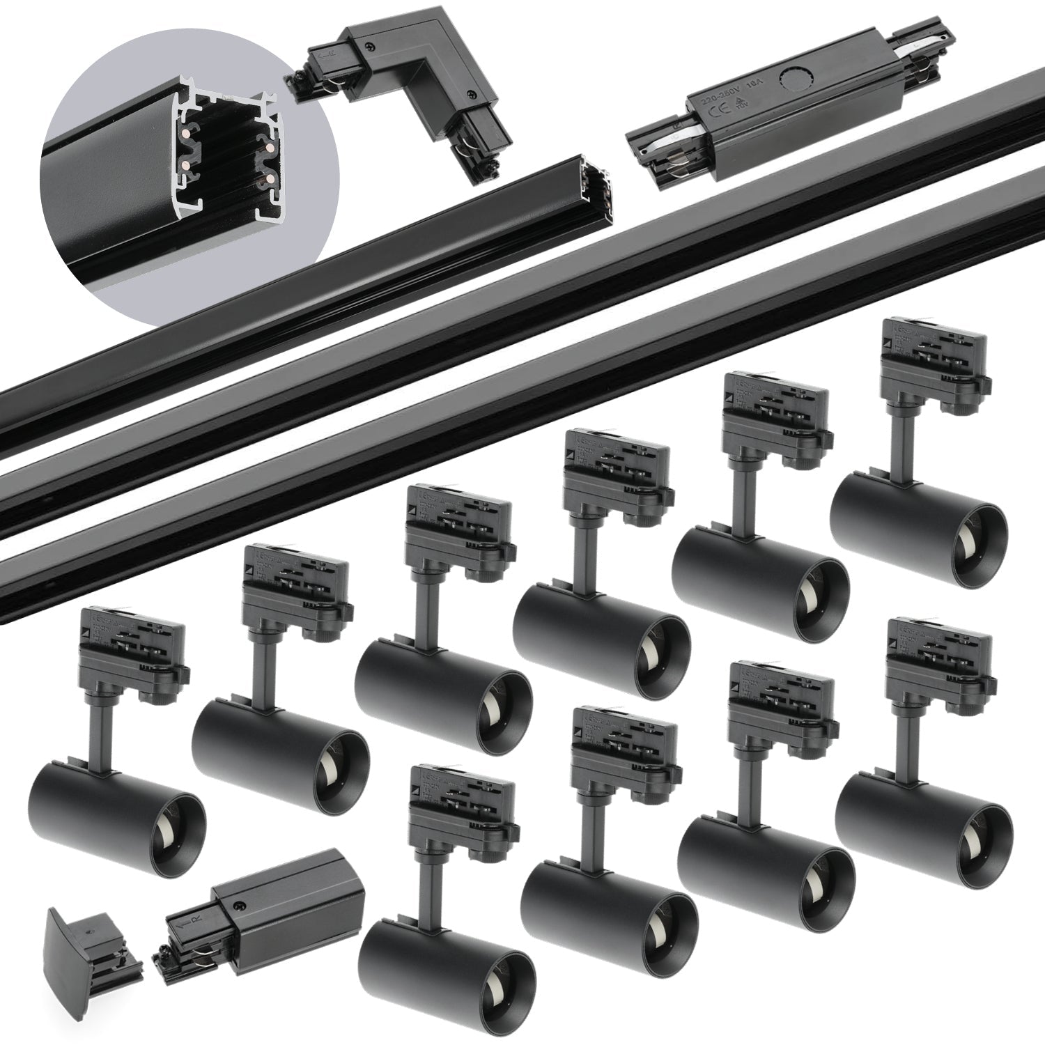 Zestaw szynowy 3 fazowy szyna 1m+2m+2m, 10x Lampa, łącznik I + L CZARNY - LAITICA