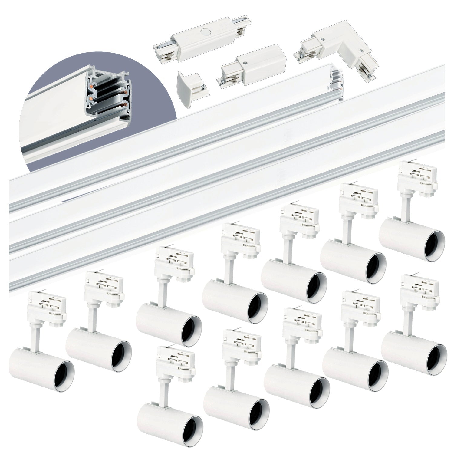 Zestaw szynowy 3 fazowy szyna 1m+2m+2m, 12x Lampa, łącznik I + L BIAŁY - LAITICA