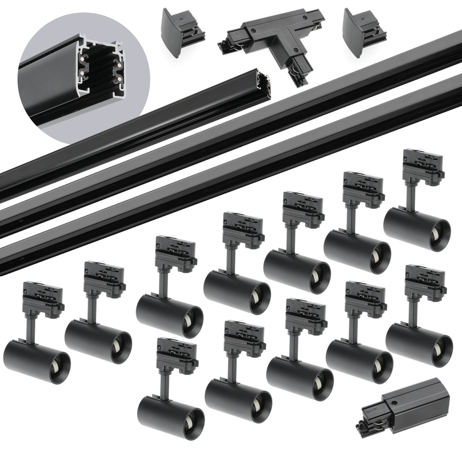 Zestaw szynowy 3 fazowy szyna 1m+2m+2m, 12x Lampa, łącznik T CZARNY komplet - LAITICA