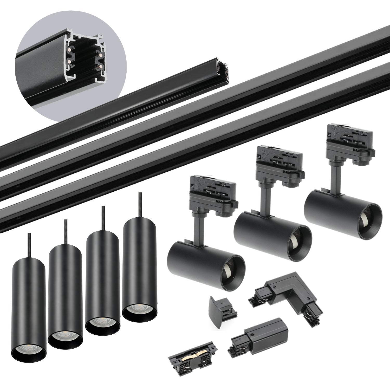 Zestaw szynowy 3 fazowy szyna 1m+2m+2m, 7x Lampa, łącznik wew. + L CZARNY - LAITICA