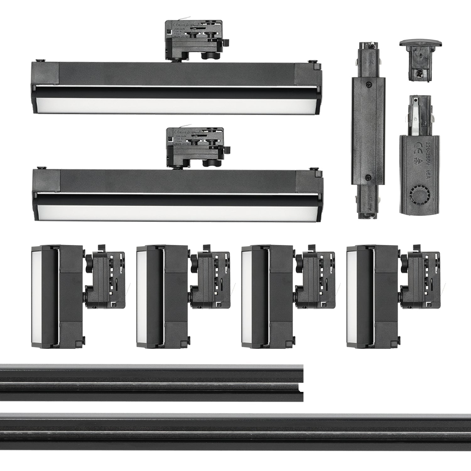 Zestaw Szynowy 3 fazowy szyna 2m + 1m + łącznik prosty + 4x lampy FLEX 12W + 2x lampy FLEX 36W zasilanie + zaślepka CZARNY - LAITICA