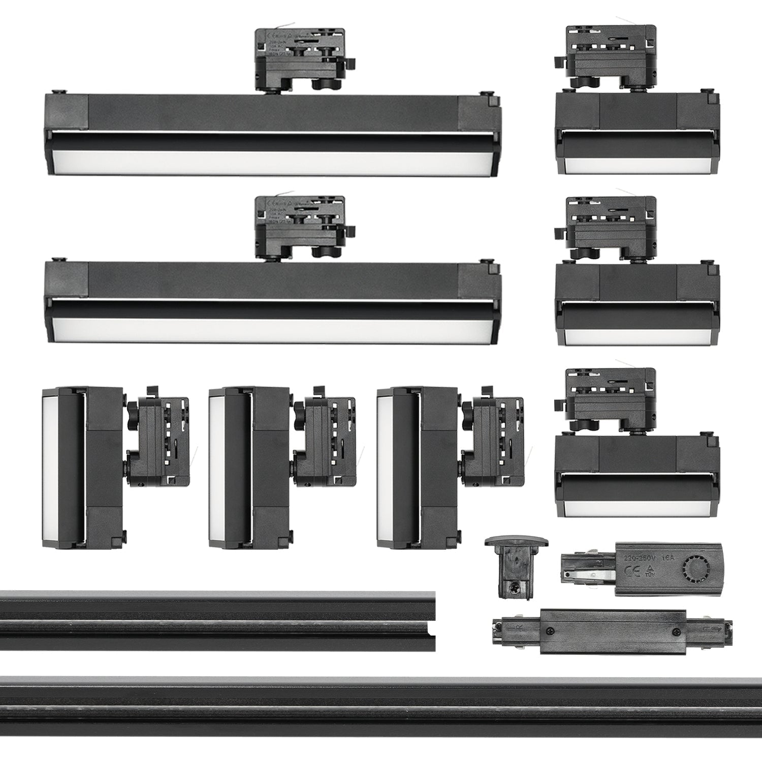 Zestaw Szynowy 3 fazowy szyna 2m + 1m + łącznik prosty + 6x lampy FLEX 12W + 2x lampy FLEX 36W zasilanie + zaślepka CZARNY - LAITICA