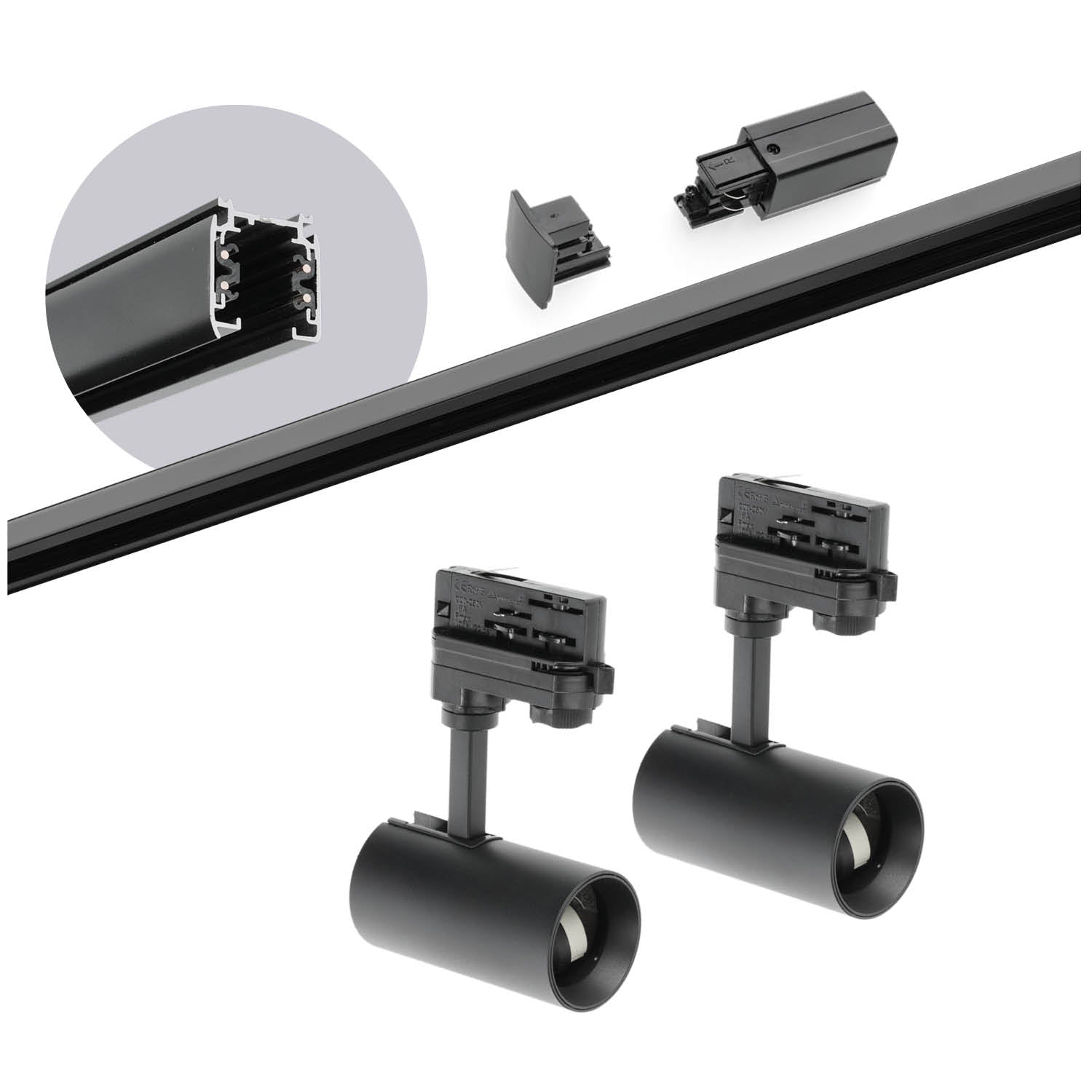 Zestaw szynowy 3 fazowy szyna 2m, 2x Lampa CZARNY kompletny zestaw - LAITICA