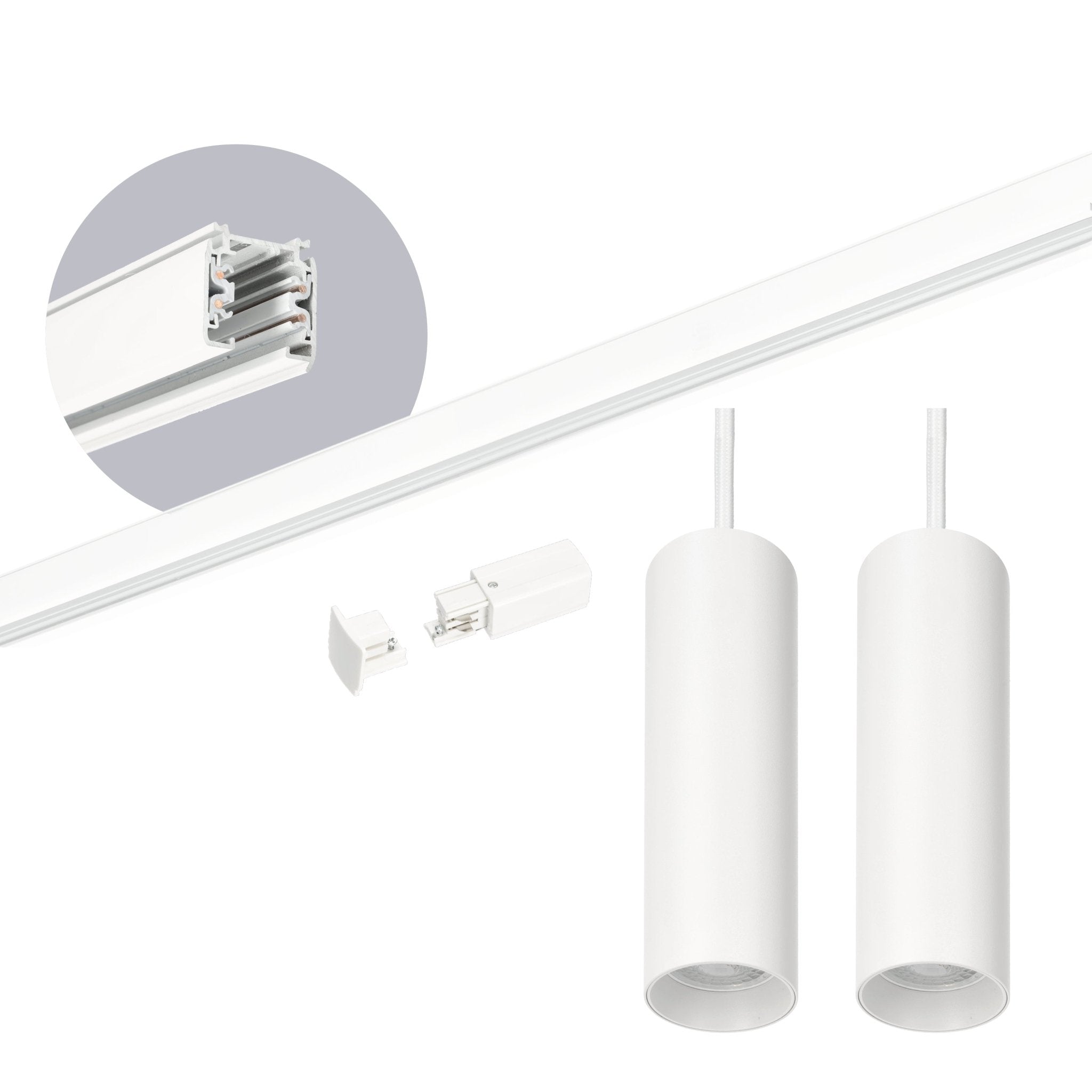 Zestaw szynowy 3 fazowy szyna 2m, 2x Lampa wisząca BIAŁY kompletny zestaw - LAITICA