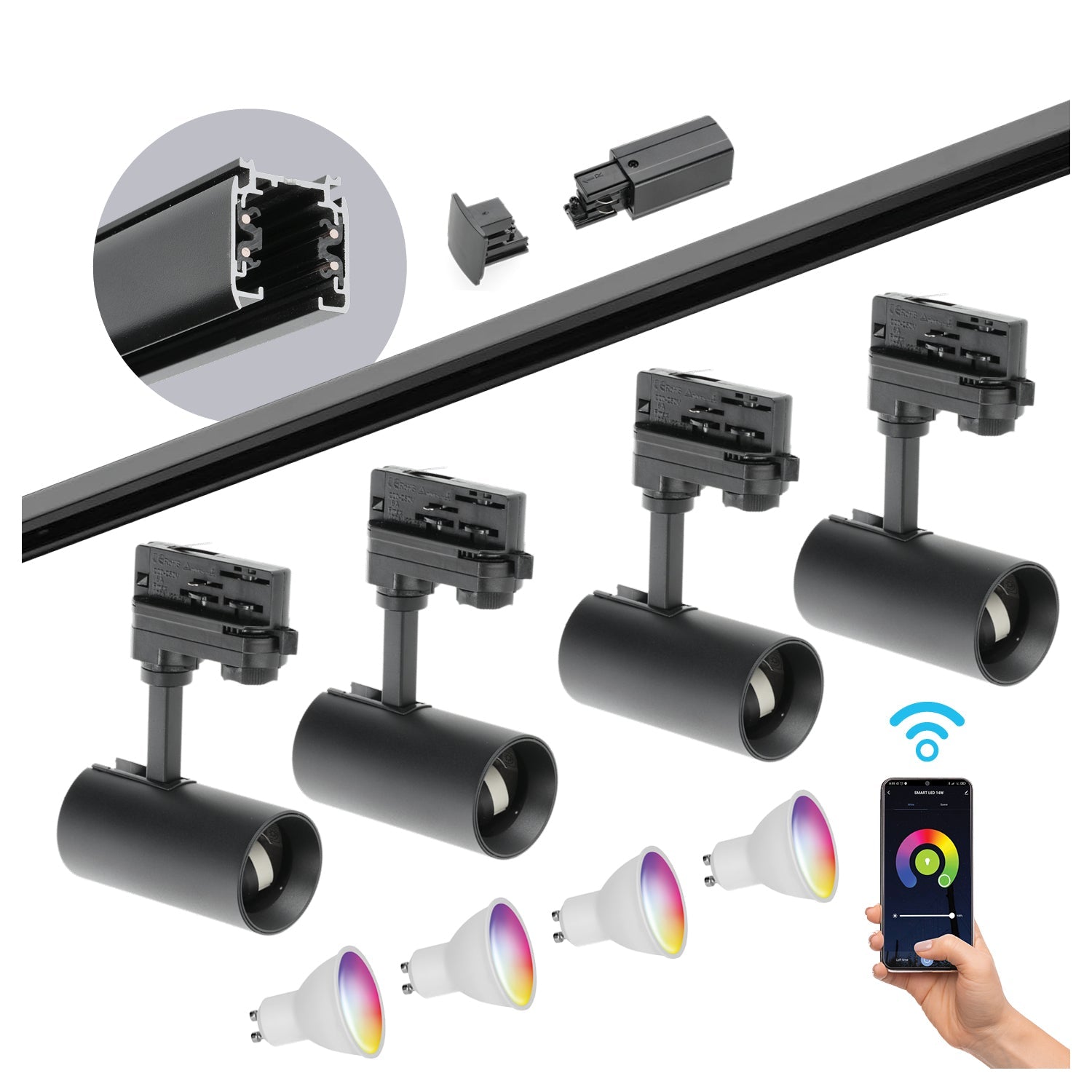 Zestaw szynowy 3 fazowy szyna 2m, 4x Lampa CZARNY + żarówka SMART LED GU10 - LAITICA