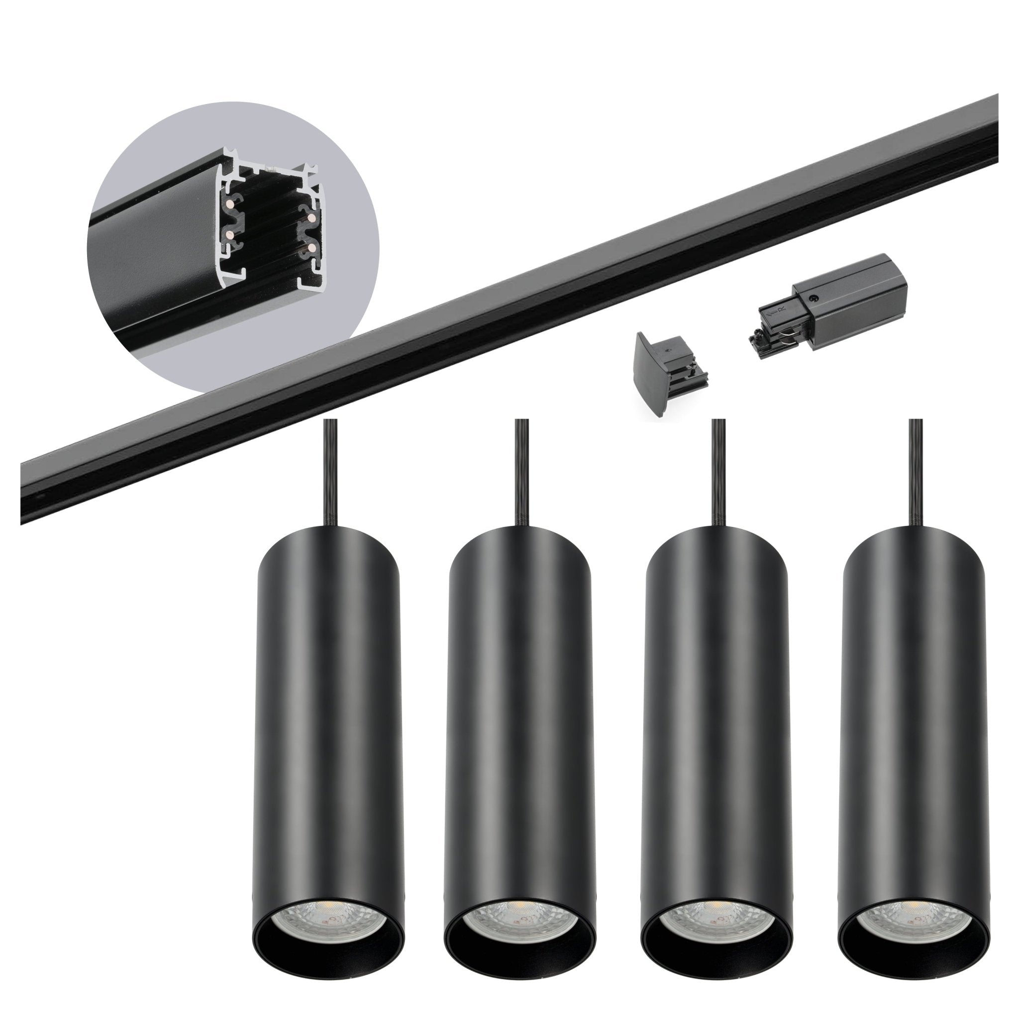 Zestaw szynowy 3 fazowy szyna 2m, 4x Lampa wisząca CZARNY kompletny zestaw - LAITICA