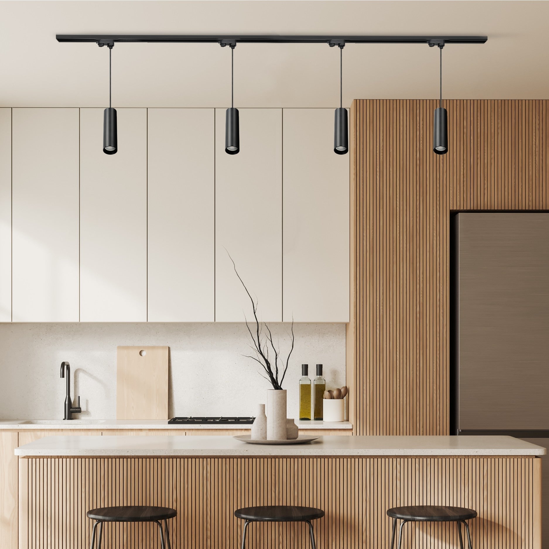 Zestaw szynowy 3 fazowy szyna 2m, 4x Lampa wisząca CZARNY kompletny zestaw - LAITICA