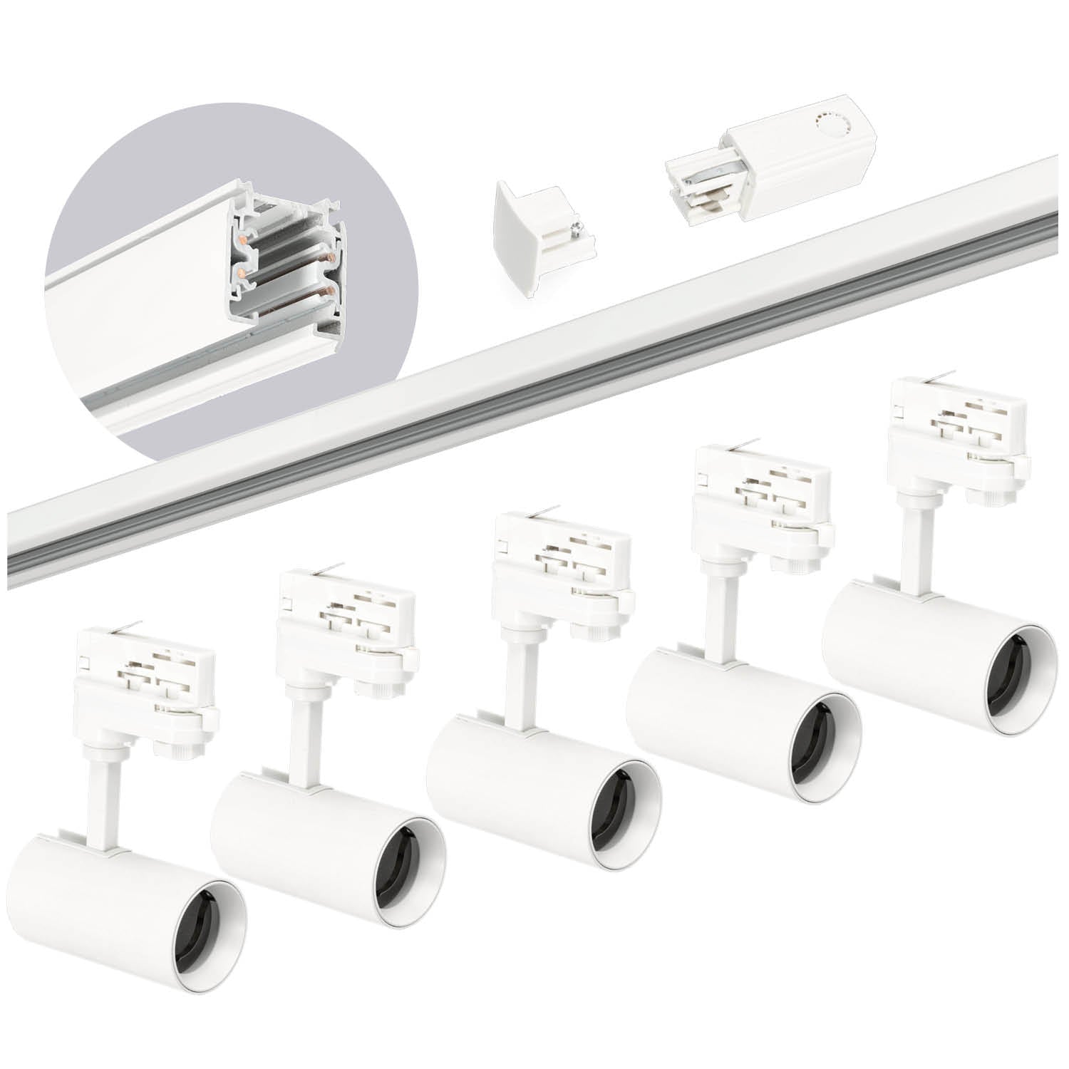 Zestaw szynowy 3 fazowy szyna 2m, 5x Lampa BIAŁY kompletny zestaw - LAITICA