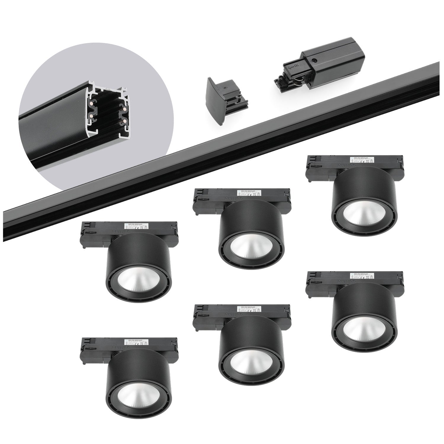 Zestaw szynowy 3 fazowy szyna 2m, 6x LED 10W CZARNY kompletny zestaw - LAITICA