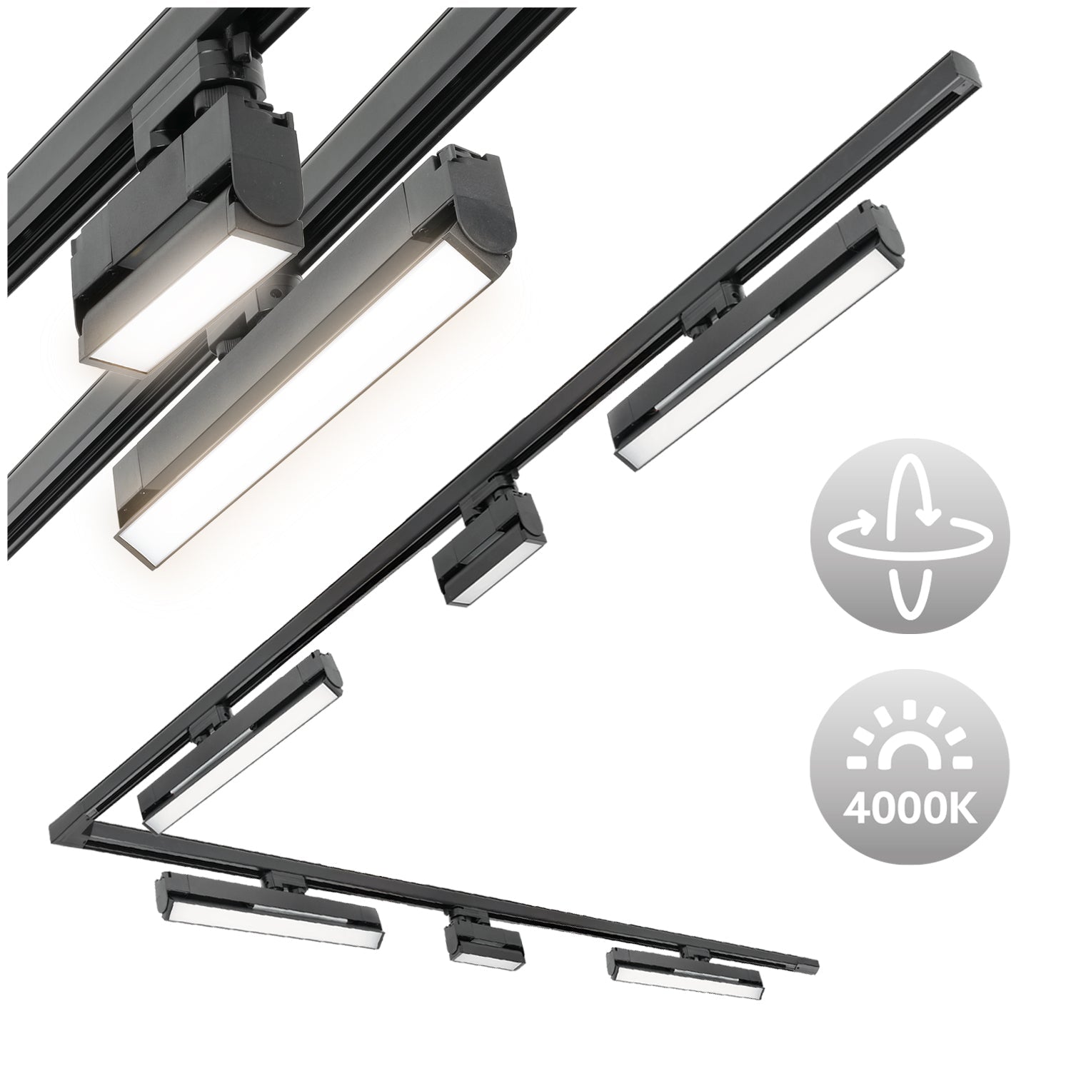 Zestaw szynowy 3 fazowy szyna 2m+2m, 4x Lampa FLEX 36W, 2 lampy flex 12W, łącznik L CZARNY komplet - LAITICA