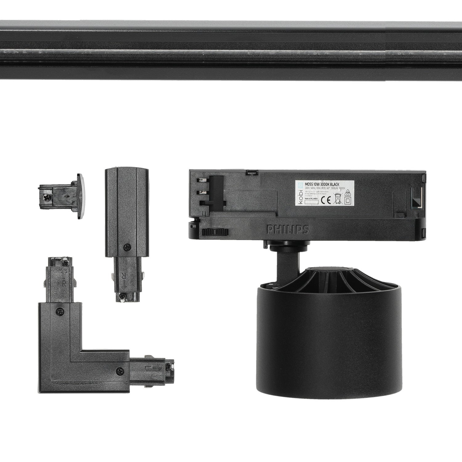 Zestaw szynowy 3 fazowy szyna 2m+2m, 8x LED 10W, łącznik L CZARNY komplet - LAITICA