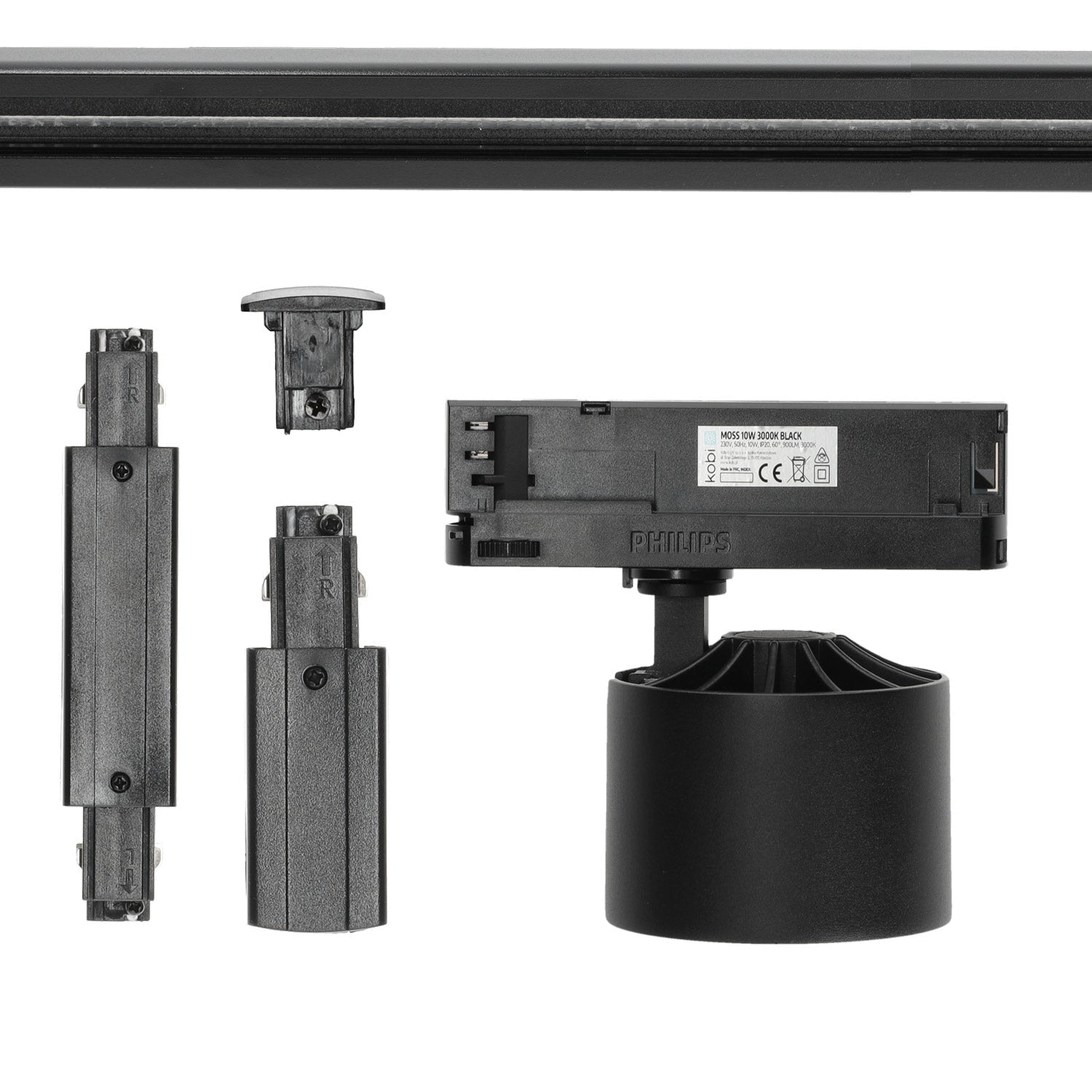 Zestaw szynowy 3 fazowy szyna 2m+2m, 8x LED 10W, łącznik prosty CZARNY - LAITICA