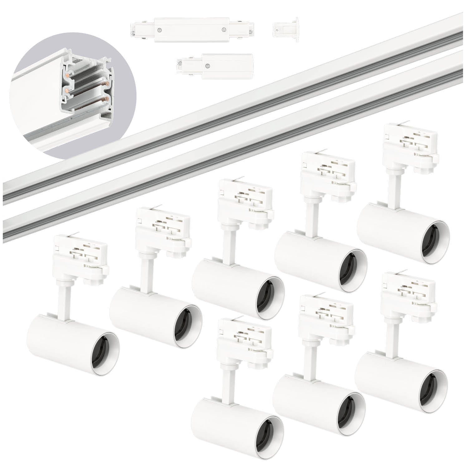 Zestaw szynowy 3 fazowy szyna 2m+2m, 8x reflektor GU10,łącznik prosty BIAŁY - LAITICA