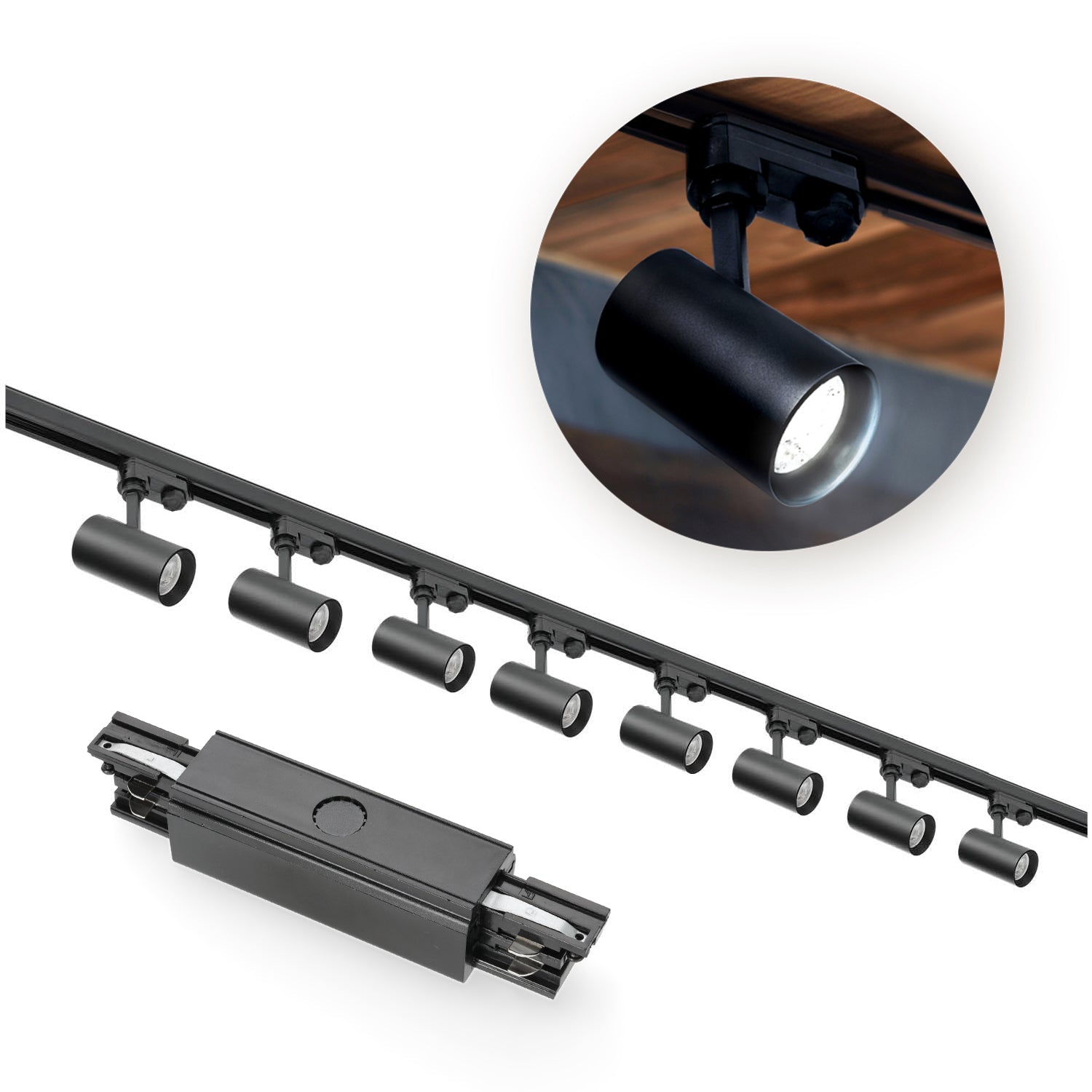 Zestaw szynowy 3 fazowy szyna 2m+2m, I zew., 8x Lampa, 2x zaślepka CZARNY - LAITICA
