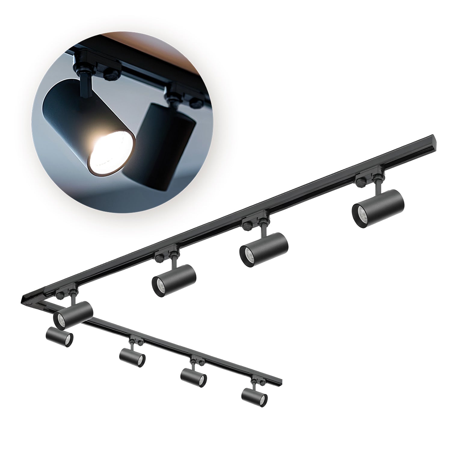 Zestaw szynowy 3 fazowy szyna 2m+2m, L prawy, 8x Lampa, 2x zaślepka CZARNY - LAITICA