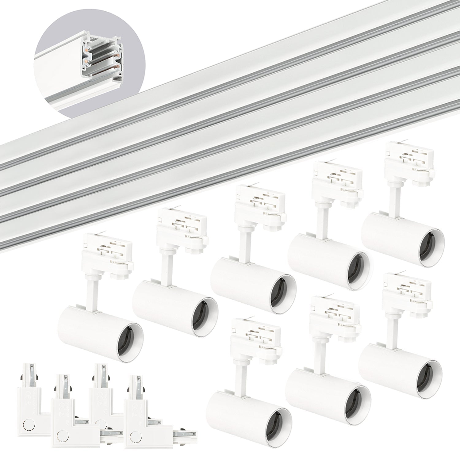 Zestaw szynowy 3 fazowy szyna 4x1m, 4x łącznik L, 8x Lampa BIAŁY - LAITICA