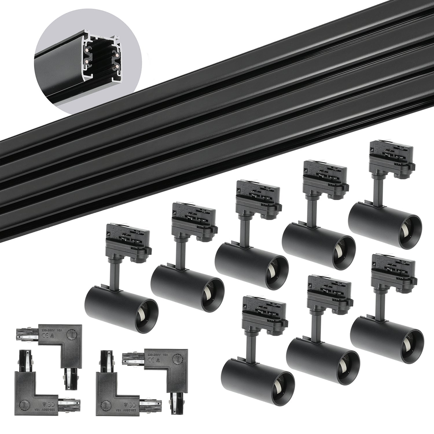 Zestaw szynowy 3 fazowy szyna 4x1m, 4x łącznik L, 8x Lampa CZARNY - LAITICA