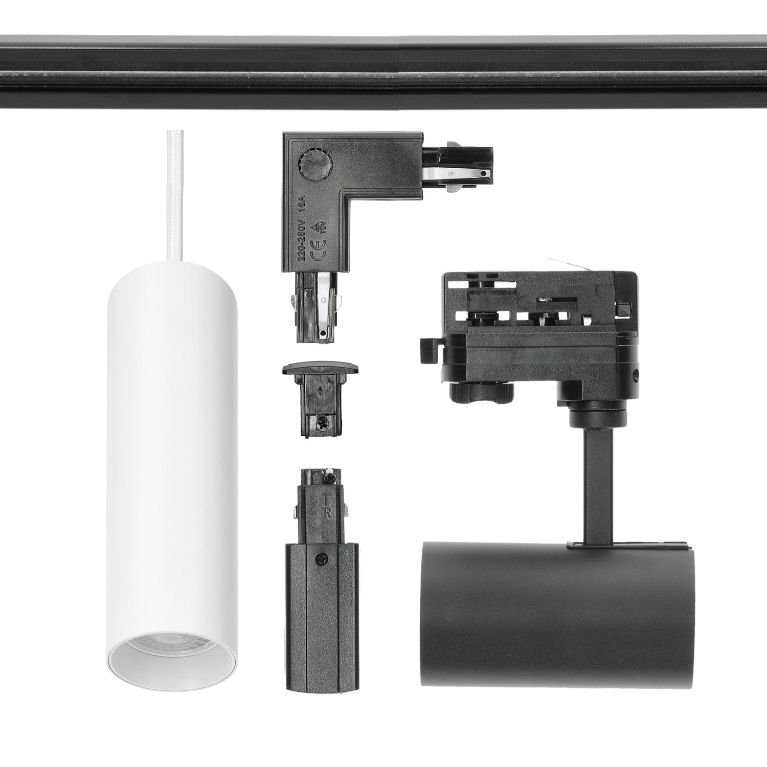 Zestaw szynowy 3 fazowy szyna czarna 2m+1m, 6x Lampa BIAŁA+CZARNA, łącznik L - LAITICA