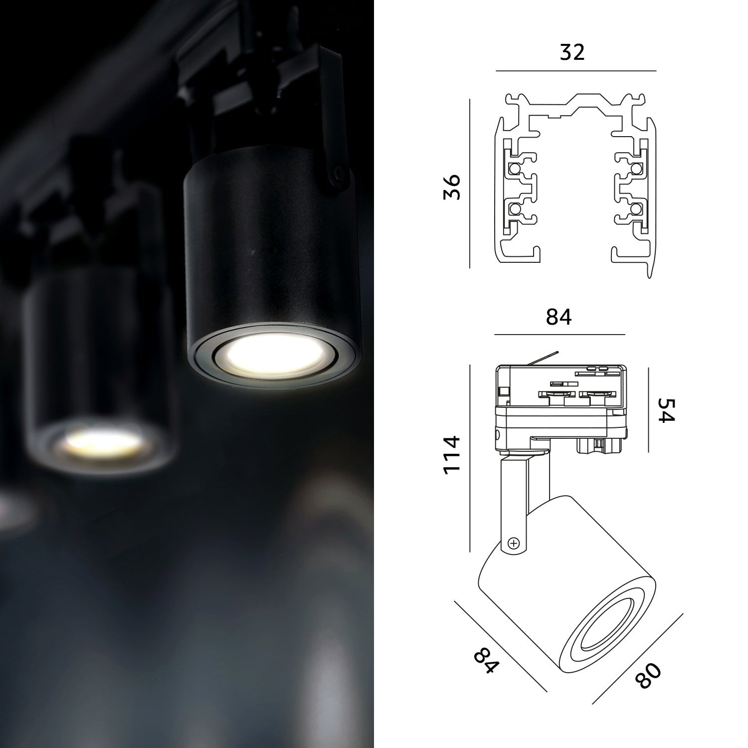 Zestaw Szynowy Czarny 3 fazowy 4x Reflektor GU10 + Szyna 1m+2m + Łącznik L - LAITICA