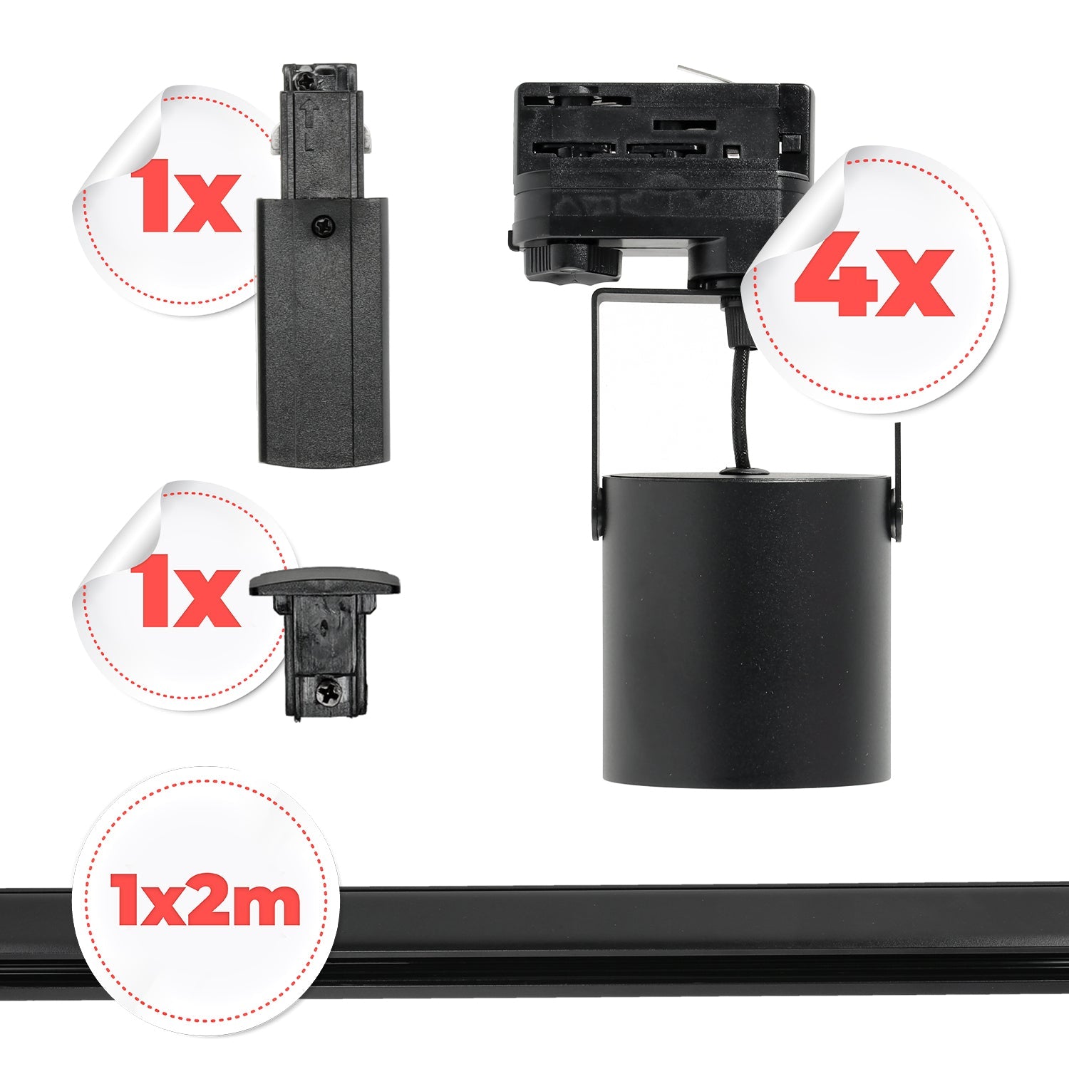 Zestaw Szynowy Czarny 3 fazowy 4x Reflektor na GU10 + Szyna 2m Komplet - LAITICA