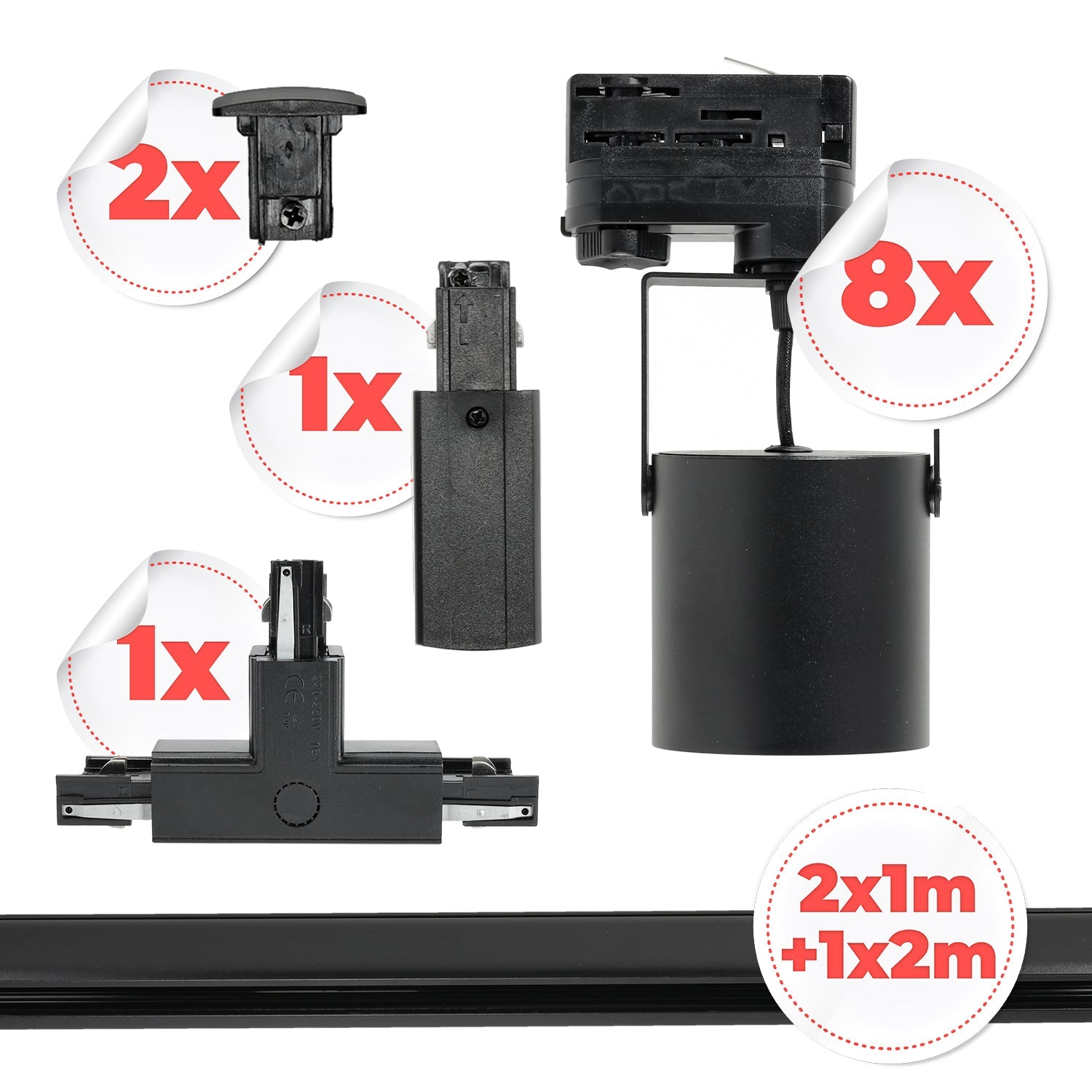 Zestaw Szynowy Czarny 3 fazowy 8x Reflektor + Szyna 1m+1m+2m + Łącznik T - LAITICA