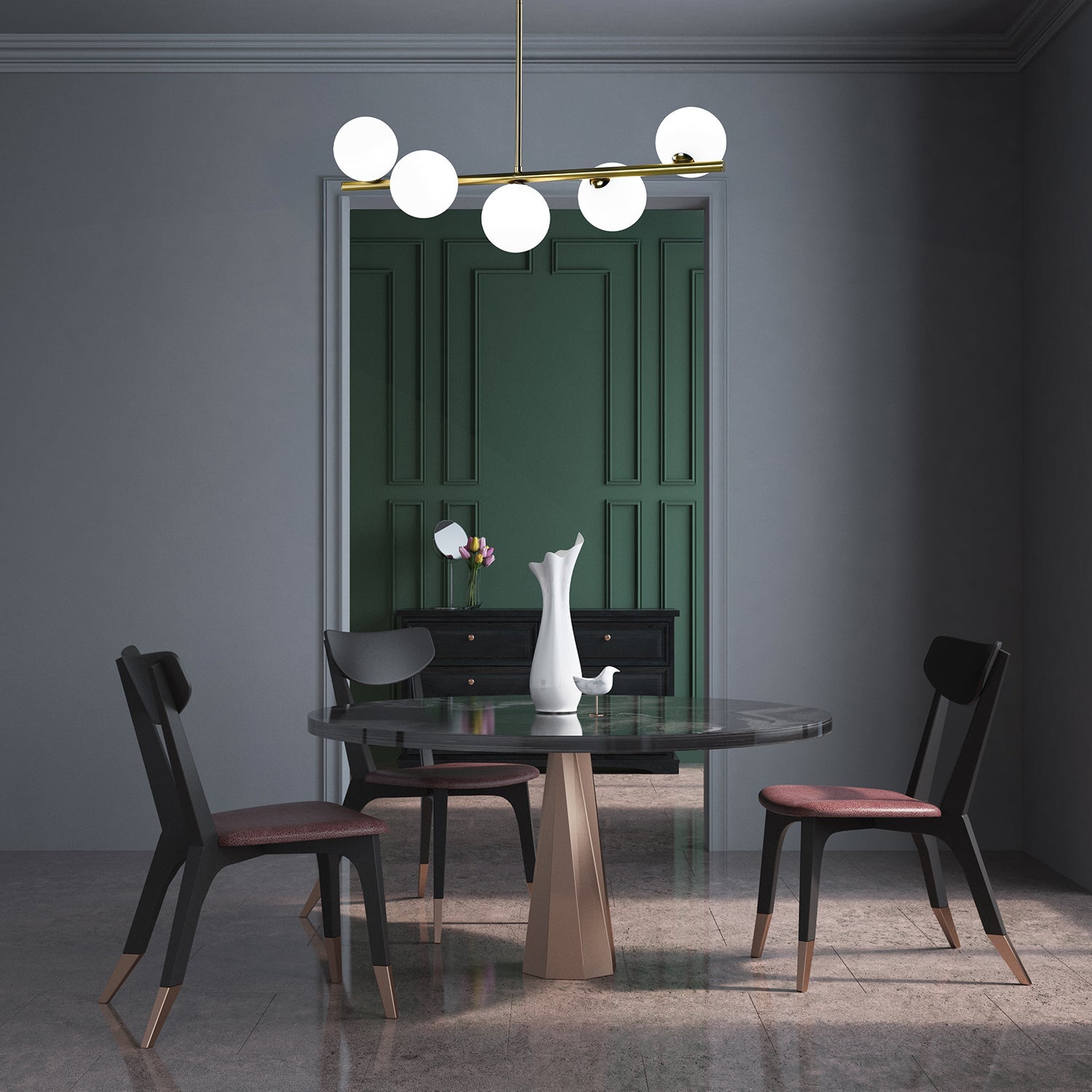 Żyrandol Złoty z Białymi SZKLANYMI KLOSZAMI 5xG9 Elegancka Lampa Wisząca - LAITICA